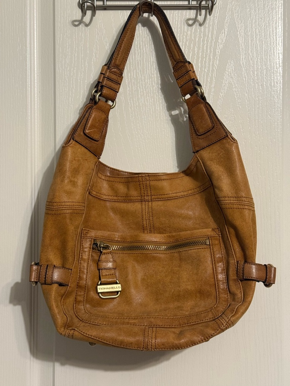 Tignanello Cognac Brown Leather Hobo Shoulder Bag Gold Hardware
